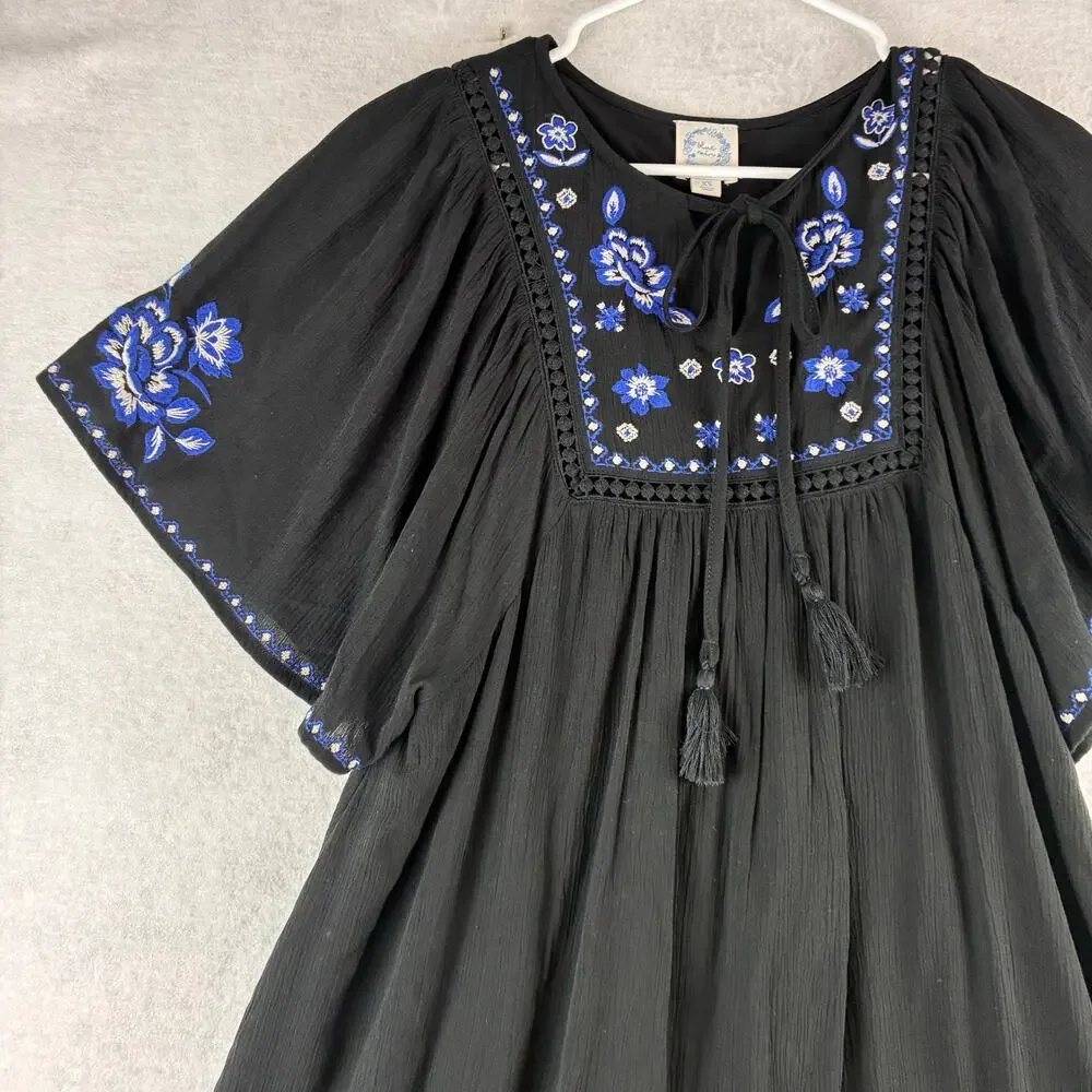 Blue Rain Boho Tunic Dress Womens Oversized XS Black Blue Floral Cottage Peasant